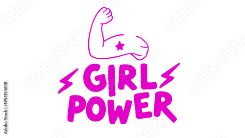 Vibrant pink girl power logo with flexed arm and star on bicep symbolizing female empowerment and strength