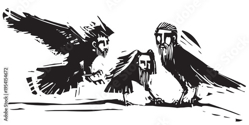 Woodcut expressionist style image of Crows with the heads of men