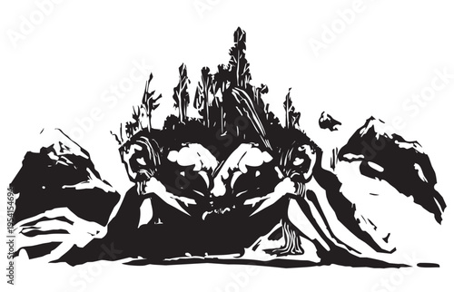 Woodcut expressionist style image of Two Sleeping Giants