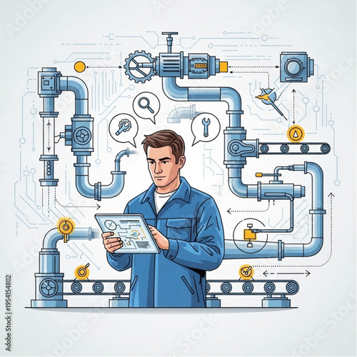 Engineer Inspecting Pipes with Digital Tablet.