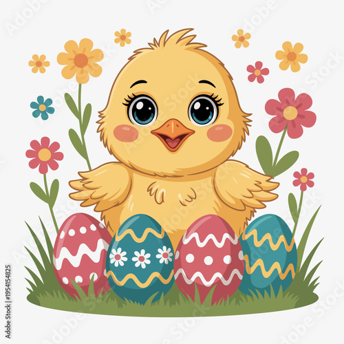 A cute yellow chick stands happily with colorful decorated Easter eggs and flowers.