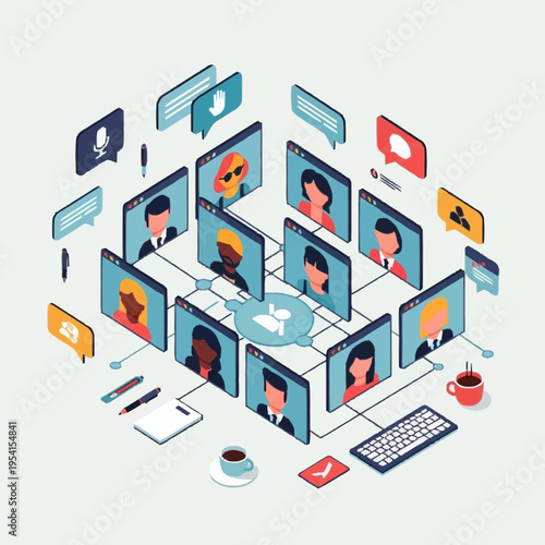 Isometric illustration of a virtual meeting with multiple participants connected through a network, featuring speech bubbles and office supplies.