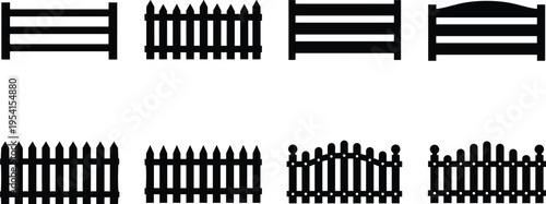 Set of wooden fence silhouettes including picket and panel barrier designs isolated on white background, ideal for garden, yard and outdoor boundary concepts