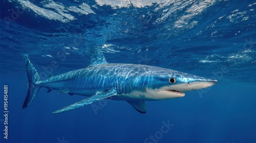 Blue shark swimming underwater in open ocean environment