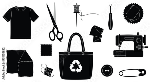 Black silhouette icons of sewing tools and textile recycling items are neatly arranged on a gray background.