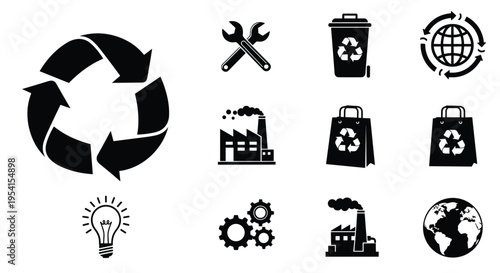 Black silhouette icons representing recycling, industrial processes, and global environmental concepts are displayed on a clean white background.