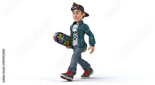 A cartoon boy walking with a skateboard in a casual outfit