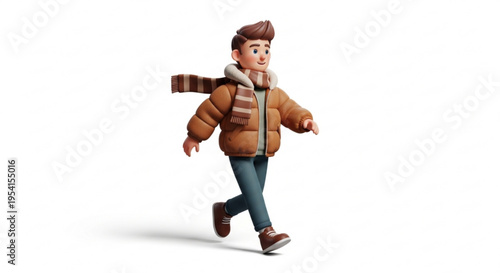 A cartoon boy wearing a brown puffer jacket and scarf runs with a happy expression on a white background
