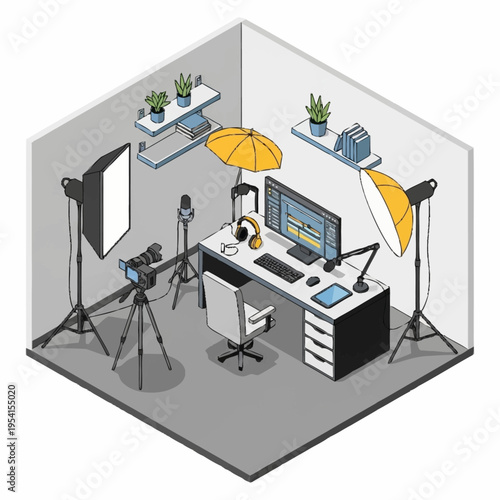 Isometric illustration of a video recording studio setup with camera, lights, desk, computer, and shelves with plants.