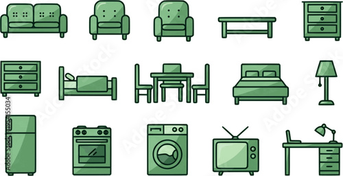 Green Icons of Household Furniture and Appliances
