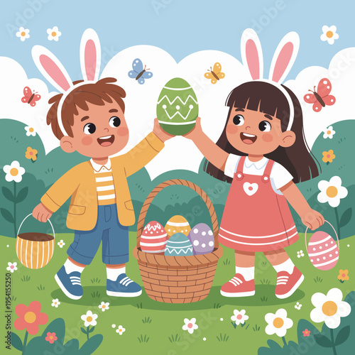 Two joyful children wearing bunny ears hold decorated Easter eggs next to a basket in a flowery meadow.