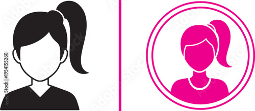 Vector icons of two women with high ponytails. The left is a minimalist black front-facing avatar; the right is a vibrant pink silhouette enclosed in a circular border. Clean, modern graphic style.