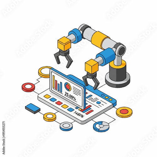 Isometric illustration of a robotic arm manipulating data on a computer screen with charts and graphs.