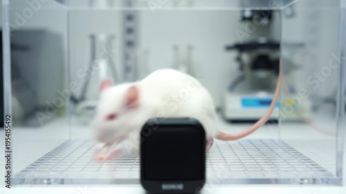 White Lab Mouse in Transparent Cage Near Device.