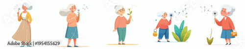 vector of a grandmother blowing a dandelion flower in spring