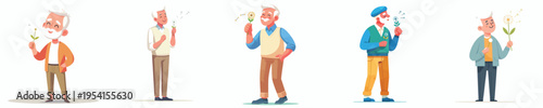 vector of a grandfather blowing a dandelion flower in spring