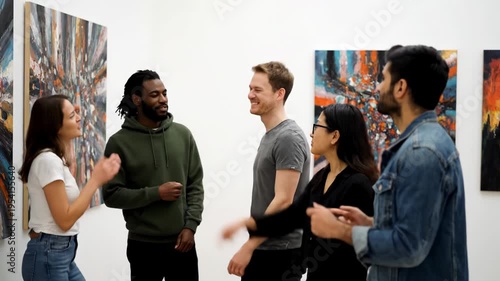 Group of Diverse Friends Discussing Art Gallery Exhibit.