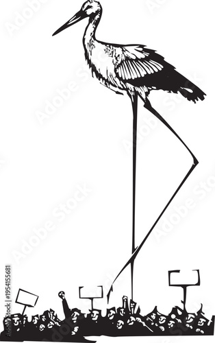 Woodcut expressionist style image of a Riot Stork
