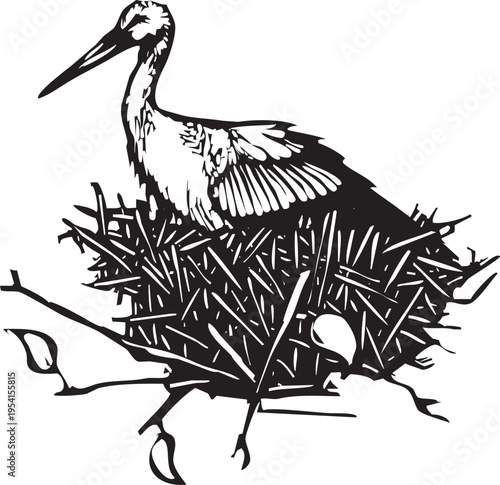 expressionist style image of a Nesting woodcut Stork