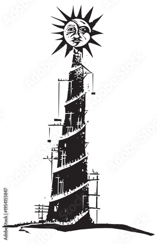Woodcut expressionist style image of a tower of babel rising into the sky