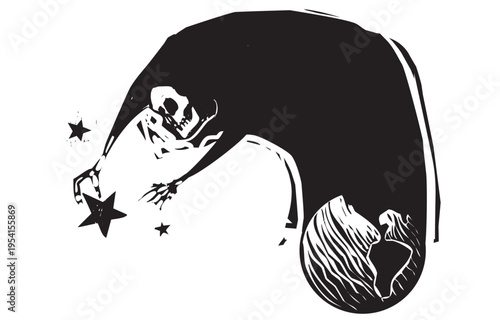 Woodcut expressionist style image of Death reaching out from the earth