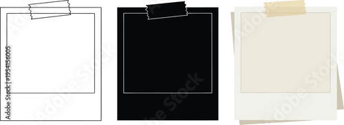 Collection of retro instant photo frames with adhesive tape offering blank spaces for memories mockups or creative design projects isolated on white background