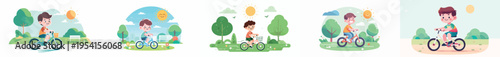vector of little boy cycling in the park during spring