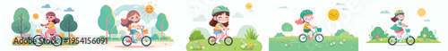 vector of little girl cycling in the park during spring