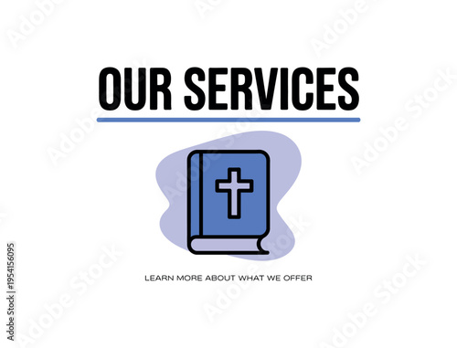 A church service advertisement with a blue book and cross on a white background