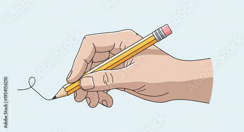 Hand Holding a Pencil Drawing a Swirl on Paper.