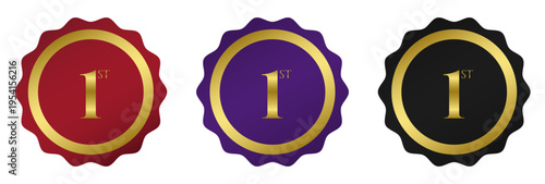 First place medal badges for award winners and champions featuring scalloped edges in red, purple, and black for success and victory
