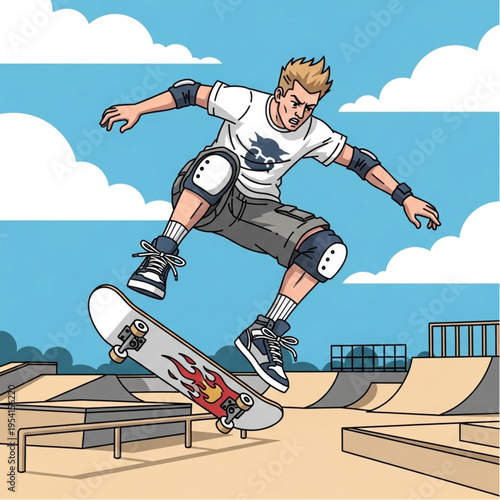 Skateboarder Performing Trick in Mid Air.