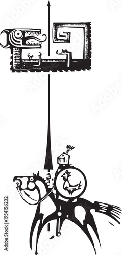 Woodcut expressionist style image of a Knight Lancing a Dragon