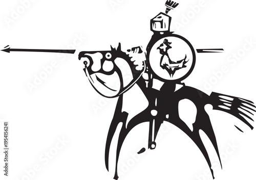 Woodcut expressionist style image of a Jousting Knight with Rooster Shield