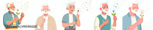 half body vector of a grandpa blowing a dandelion flower in spring