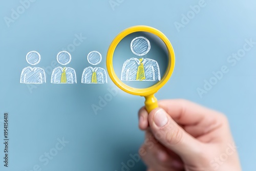A human hand holds a bright yellow magnifying glass focusing on a sketched business person icon from a row against a light blue background depicting human resources and precise candidate sel