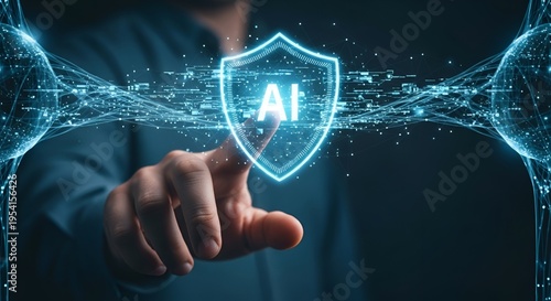 AI cybersecurity protection and machine learning safety concept. Human hand touching glowing digital shield icon with network data particles. Modern 3D illustration.