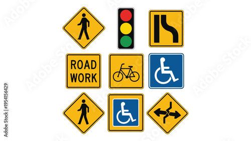 Road Warning Signs Set, Transportation Safety Symbols Including Pedestrian Crossing Traffic Light Curve Bicycle Road Work Merge And Disabled Access Icons, Caution Signs Collection For Navigation
