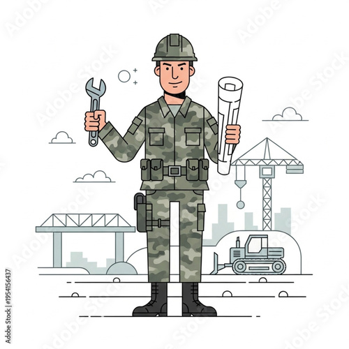 Soldier Holding Wrench and Pliers Standing.