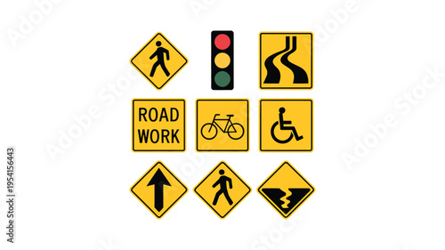 Road Warning Signs Set, Pedestrian Traffic Light Curve Bicycle Road Work Merge Disabled Access And Caution Symbols, Transportation Safety Icons Collection For Traffic Control
