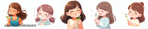 half body vector of a little girl blowing a dandelion flower in spring