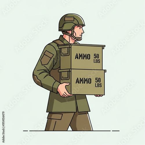 Soldier holding ammunition boxes in combat gear.