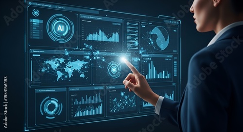 Artificial Intelligence data analytics dashboard illustration. A businesswoman touches a digital interface displaying global maps, financial charts, and cybersecurity information.