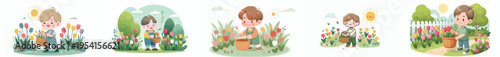 vector of a little boy picking flowers in the garden during spring