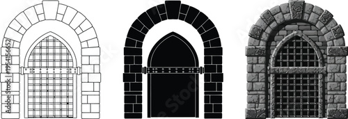 Set of medieval archway designs featuring outline silhouette and detailed stone textures with a barred gothic window ideal for historical or fantasy projects