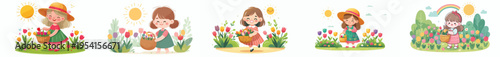 vector of a little girl picking flowers in the garden during spring