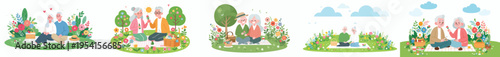 vector of a old couple having a simple picnic in the park during spring