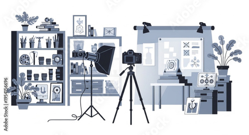 Photography Studio Setup with Camera, Lighting, and Shelving.