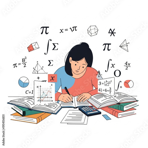 Young Girl Studying Mathematics with Books and Symbols.