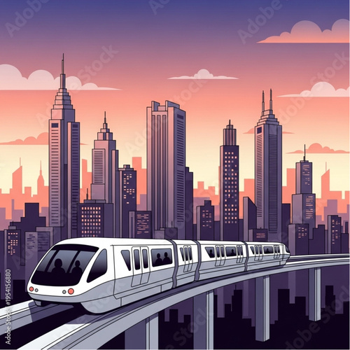 Modern White Monorail Train in Cityscape.